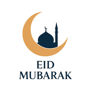 Golden crescent moon encircling mosque dome and minaret silhouette, with bold "EID MUBARAK" text below, symbolizing Islamic festivity and sacred tradition.