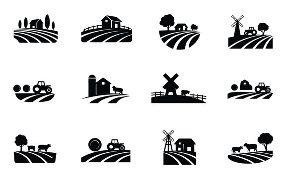 Farm landscape icons set with barns windmills fields and rural scenery in black silhouette on white background for agriculture and countryside concepts