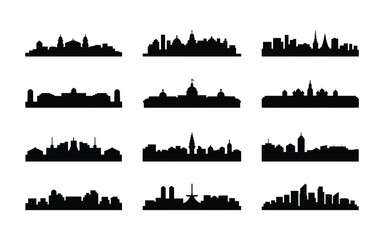 Fototapeta premium City skylines in black silhouette on white background urban landscape cityscape skyline set vector graphics