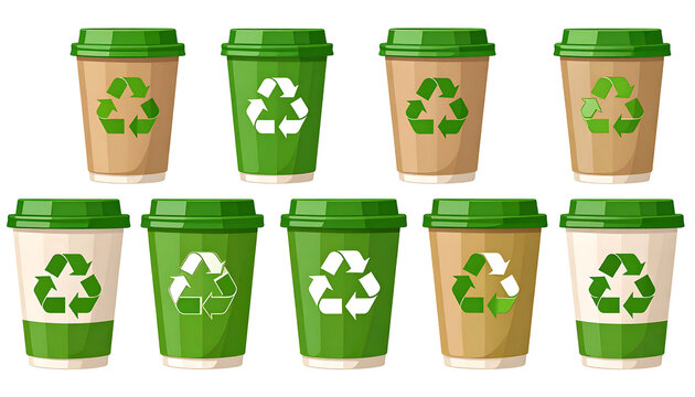 Disposable cups in rows, each with recycle symbols and green lids