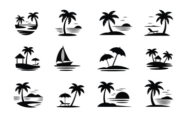 Fototapeta premium Tropical palm tree silhouettes on beach with island landscape and sailboat in various serene summer vacation settings