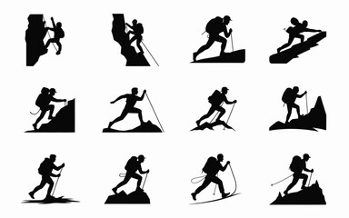 Collection of black silhouettes of people skiing and snowboarding on various terrains with poles and skis