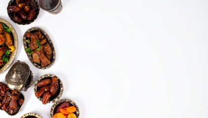 Ramadan Iftar Food Border on White Background &ndash; Dates and Traditional Islamic Meal Template