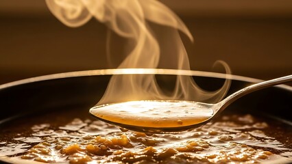 Steaming Hot Soup in Spoon.