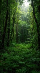 Obraz premium Extremely dense tropical jungle with heavy foliage and ferns covering the ground. Sunlight filters through the thick, vibrant green canopy ,summer ,humidity ,foliage