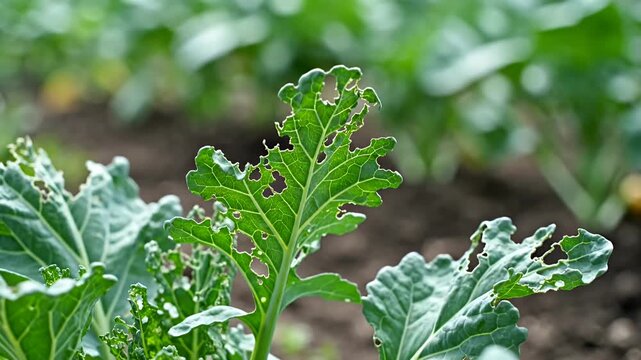 of green vegetable leaves showing extensive insect damage in garden soil
