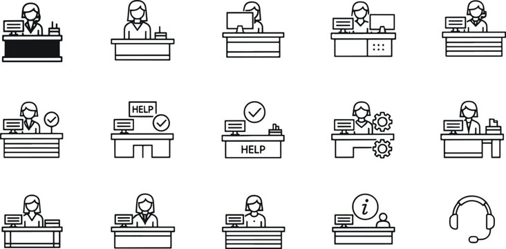 Customer Service and Help Desk Icon Set - Reception, Support Agent, and Office Desk Symbols