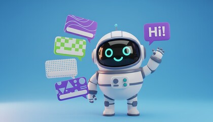 Friendly cartoon robot character with multiple colorful speech bubbles waving hello on a vibrant blue background symbolizing communication and AI technology