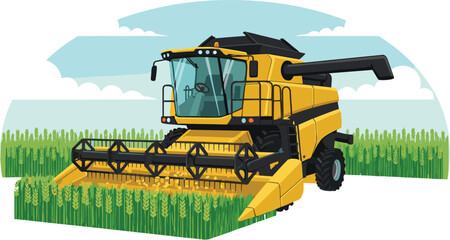 Obraz premium Modern Yellow Combine Harvester Vector Illustration Working in a Green Wheat Field for Agriculture Technology, Industrial Farming, and Food Production Graphic Designs