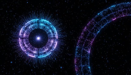 Abstract futuristic digital glowing circular structures and orbiting particles in a dark cosmic background representing technology and data flow