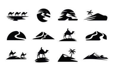 Obraz premium Desert landscape icons with camels sand dunes and palm trees in black silhouette on white background for travel and adventure themes