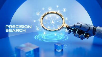 Advanced artificial intelligence robot holding a magnifying glass to analyze digital network connections and data for precision search operations