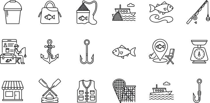 Minimal line icon set for fishing, seafood market, maritime industry, boating, angling, water transport, and coastal business concepts