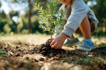 Child planting a tree in sunny park