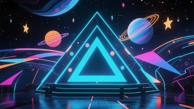 A cartoon vector illustration of a spaceship and space shuttle launch from Earth toward Saturn and the moon across a dark night sky filled with stars, light, and galaxy design elements