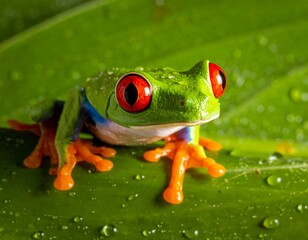 Vivid frog with vibrant red eyes on a glossy green leaf