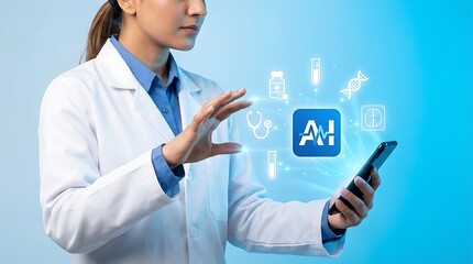 Female doctor wearing a white lab coat uses a smartphone to interact with futuristic healthcare icons including DNA and a stethoscope in a digital environment