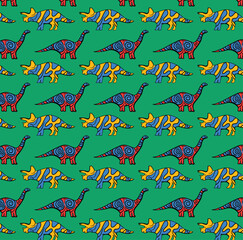 Brontosaurus and triceratops dinosaurs repeat pattern design in vector for seamless fabric, textile and surface design © HootDesignStudio