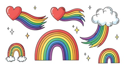 Obraz premium Colorful Rainbows and Hearts Doodle Set with Sparkles.