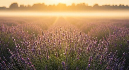 Fototapeta premium Hazy field of fragrant lavender flowers bathed in soft, dreamy, golden hour sunlight, creating a peaceful and warm atmosphere ,natural ,summer ,aromatic