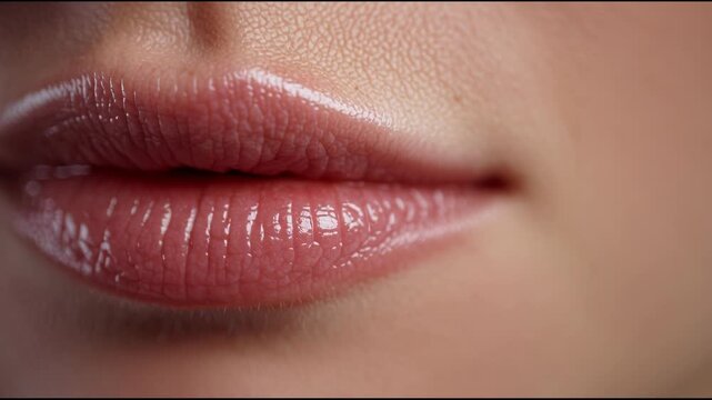 Close up of a womans lips with glossy pink lipstick.