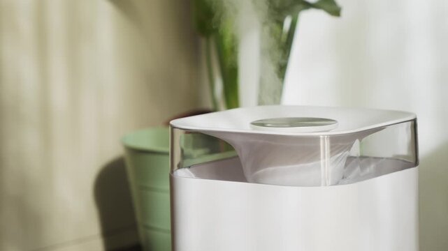 A modern humidifier that produces cool water vapor to moisturize the air in a home and prevent respiratory infections. High quality 4k footage