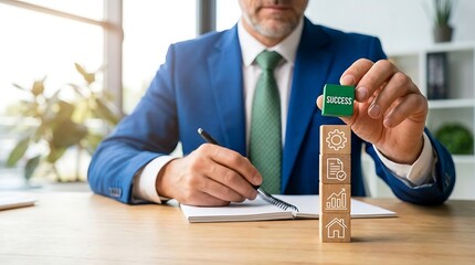 Businessman placing a block labeled success on a stack of wooden blocks symbolizing business growth and achievements while writing in a notebook