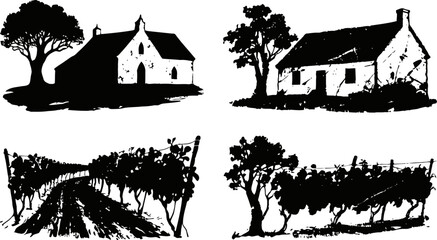 Obraz premium rustic country houses and vineyard silhouettes traditional rural homes and grapevine rows in black ink