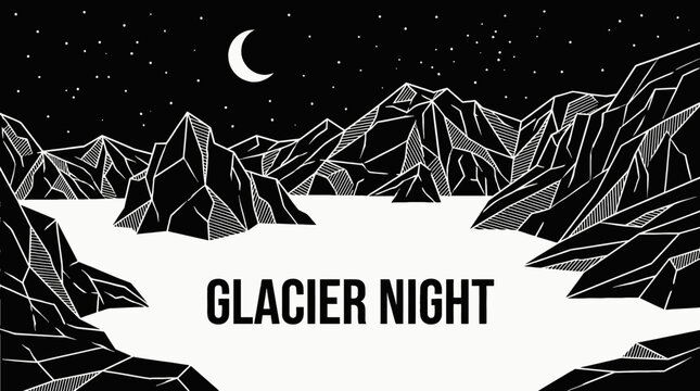 night glacier landscape with bright moon and visible stars across dark polar sky above icy horizon showing celestial astronomy galaxy environment