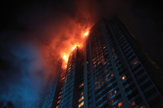 High-rise building with flames and black smoke