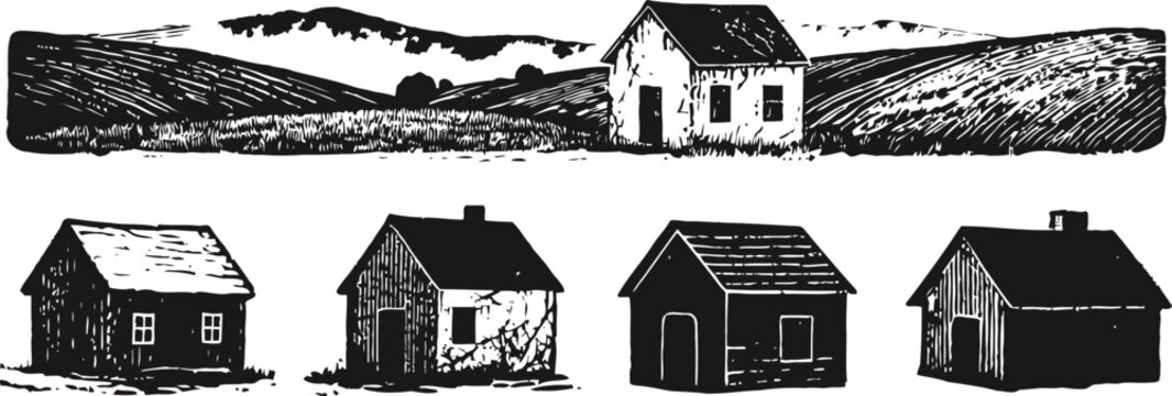 rustic farmhouse and countryside landscape black woodcut illustrations