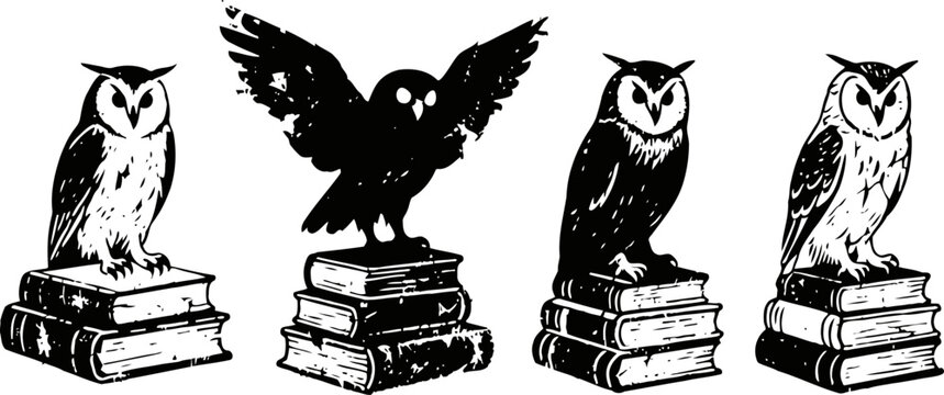 owl illustrations perched on stack of books in black and white vintage art set