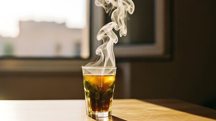 Steaming Whiskey Glass on Wood Table.