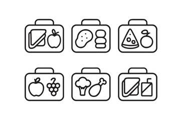Six black and white line art icons depicting lunch bags filled with various fruits and vegetables