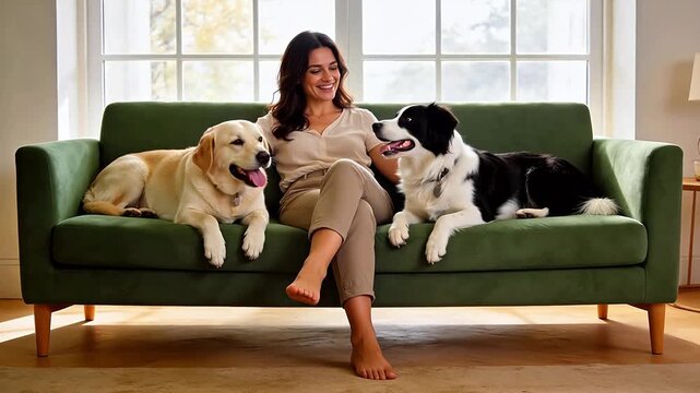 A woman sitting on a green couch with two dogs, a Labrador and a Border Collie, in a bright living room.

