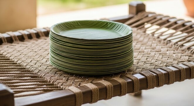 Stack of Green Biodegradable Areca Palm Leaf Plates on Woven Coir Charpai Bed, Sustainable Tableware, Eco-Friendly Products