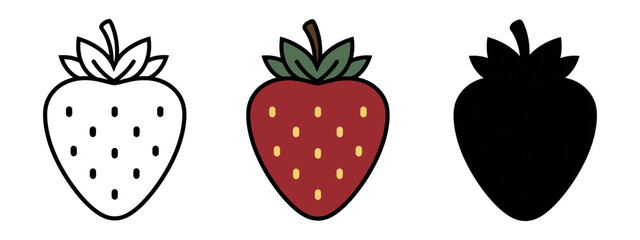 Cartoon style strawberry icons featuring hand-drawn outline, deep red color, and black silhouette versions. Playful fruit vector illustration. © Lili