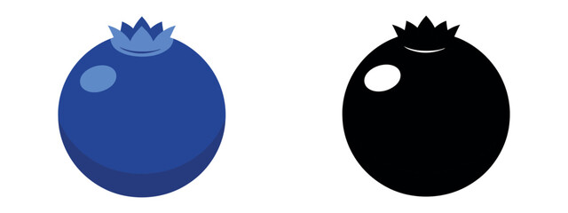 Two blueberry icons in a clean flat style and solid black silhouette. Minimalist round berry illustration with highlights for digital design. © Lili