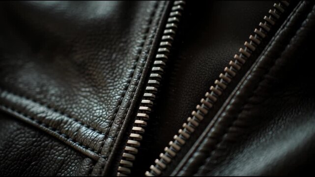Close-up of a black leather jacket zipper.