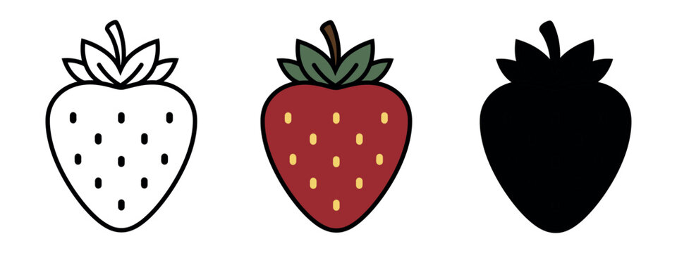 Cartoon style strawberry icons featuring hand-drawn outline, deep red color, and black silhouette versions. Playful fruit vector illustration.