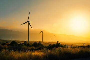 Renewable energy turbines at golden hour