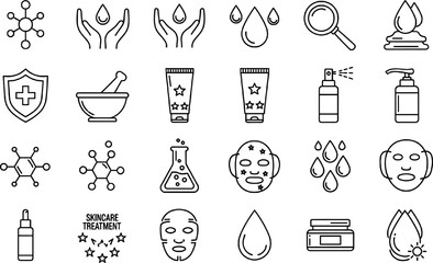 Minimal line icon set for skincare, spa treatment, cosmetics, wellness routine, laboratory beauty, and self-care product concepts