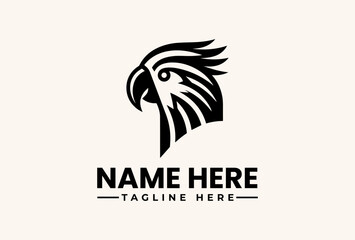 Obraz premium A black vector illustration of a stylized parrot head logo with a customizable name and tagline on a clean white background.