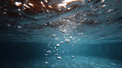 Underwater view of numerous air bubbles rising towards the water surface illuminated by light filtering from above