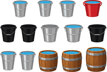 Industrial and Domestic Water Container Set Featuring Silver Metal Buckets, Red Plastic Pails, and Rustic Wooden Barrels for Gardening, Household, and Farm Graphic Design © Kulsum