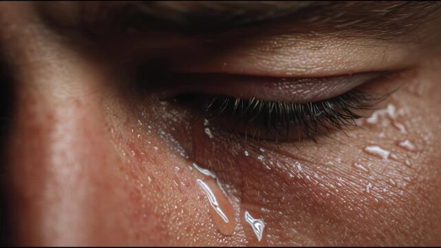 Close-up of a persons eye with tears streaming down their face, conveying deep emotion and sadness.