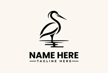 A minimalist illustration of a stork logo standing in water on a beige background with placeholder text for a name and tagline in a simple, iconic design.