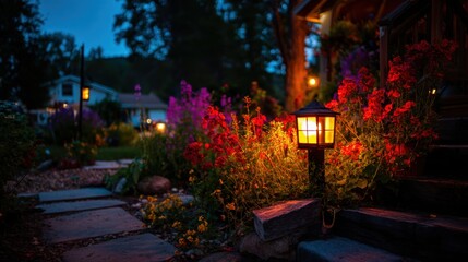 Obraz premium Warm glow of solar-powered garden lights illuminates a lush flower bed and stone path at night