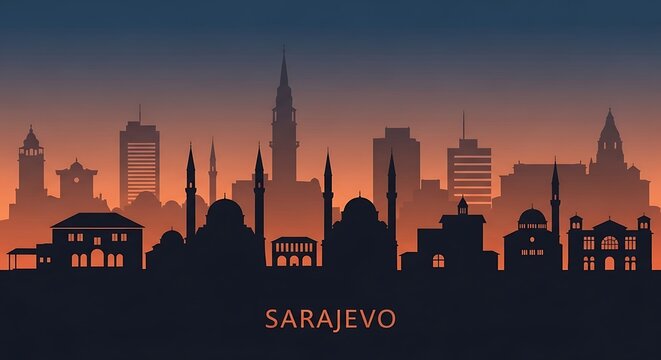 Sarajevo City Skyline Silhouette at Sunset.