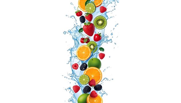 A vibrant splash of lime kiwi strawberry raspberry blackberry citrus berrie fresh fruits including citrus berries on a whitebackground